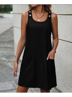 Periliçekeçe Kadın Kolsuz Kalın Askılı Düğme Detay Cepli Keten Elbise