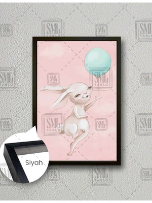 SML Tablo Pembe Tavşan Mavi Balon Çizgi Film Karakteri Çocuk Odası Dekor Dikey Çerçeveli Kanvas Tablo