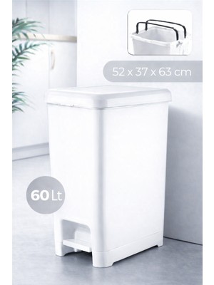 PremiumPort 60L Pedallı Beyaz Banyo ve Mutfak Çöp Kovası, Kapaklı Slim Tasarım