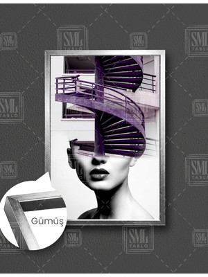 SML Tablo Mor Merdiven Yüzlü Kadın Modern Şehir Sanat Dekor Dikey Çerçeveli Kanvas Tablo