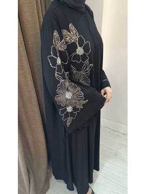 Midlora Siyah Renk Işlemeli Salaş Kesim Abaya