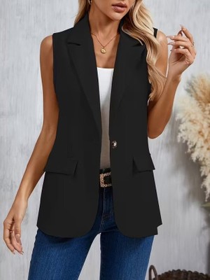 Modenya Kadın Kolsuz Yakalı Önden Tek Düğmeli Atlas Ceket