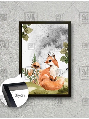 SML Tablo Orman Içiindeki Yavru Tilki Çizgi Film Karakteri Çocuk Odası Dekor Dikey Çerçeveli Kanvas Tablo