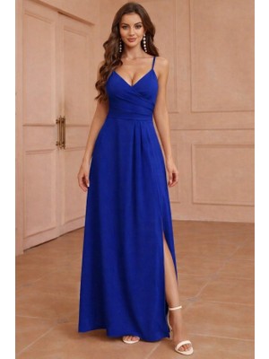 Periliçekeçe Kadın Ip Askılı Kruvaze Yakalı Yırtmaçlı Uzun Ithal Krep Elbise