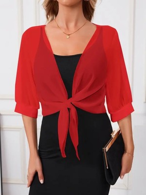 Modenya Kadın Truvakar Kollu Önden Bağlamalı Kısa Şifon Bolero Ceket