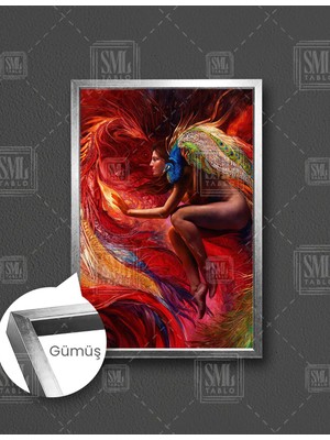 SML Tablo Nü Kadın Tavuş Kuşu ve Ejderha Yağlı Boya  Dikey Çerçeveli Kanvas Tablo