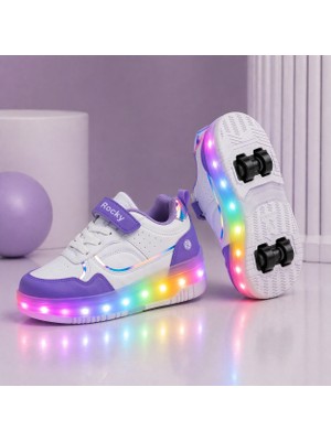 Rocky Glow Mor Işıklı Patenli Çocuk Ayakkabı LED Tekerlekli Sneaker Ortopedik Taban 30-37