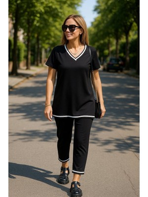 Periliçekeçe Kadın Kısa Kollu V Yakalı Iki Iplik Bluz ve Pantolon Ikili Takım