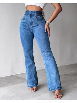 Modenya Kadın Yüksek Bel Yanları Lastik Önü Düğmeli Kot Pantolon