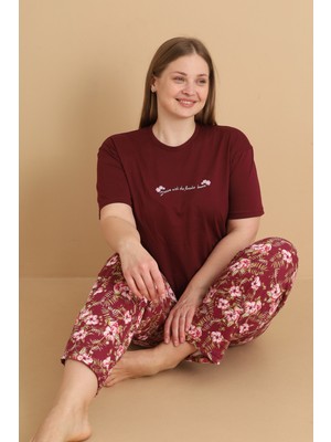 Wordex Mrn 4503 Çiçekli Kısa Kollu Pamuklu Penye Büyük Beden Kadın Pijama Takımı