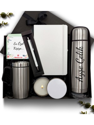As Gift Kişiye Özel Kılıflı Çelik Termos & Bardak Termos & Defter & Mum & Kalem Hediye Seti