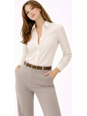 Periliçekeçe Uzun Kollu Gömlek Düğmeli Klasik Yaka Günlük ve Ofis Şıklığına Uygun - Krem
