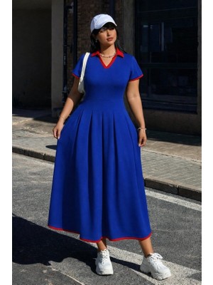 Periliçekeçe Kadın Kısa Kollu V Yakalı Pileli Uzun Janjan Krep Elbise