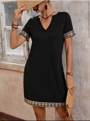 Periliçekeçe Şerit Detay V Yaka Yandan Cepli Viskon Elbise