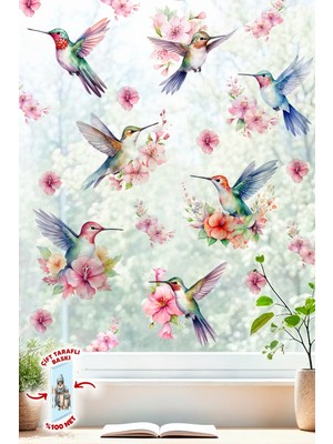 Msticker Çif Taraflı Baskılı Bahar Kuşları ve Çiçekler Temalı Cam Sticker Seti 29 Parça Bahar Temalı Sticker
