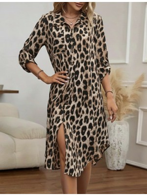 Periliçekeçe Kadın Uzun Kollu Yakalı Önden Düğmeli Leopar Desenli Modal Midi Elbise