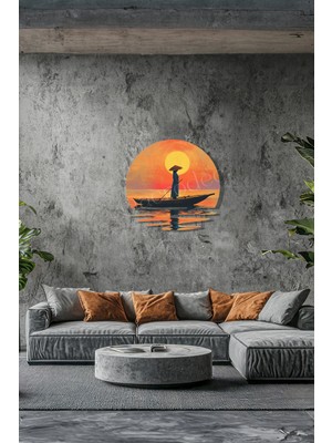 Macrodec Zen Boat Gün Batımı Sakinliği Metal Tablo - Modern Manzara Temalı Siyah Lazer Kesim Duvar Dekoru