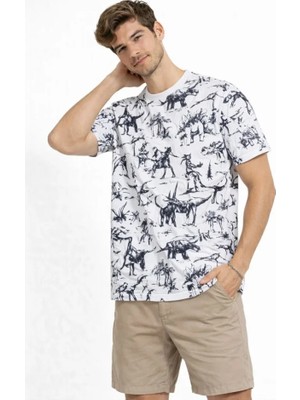 Modenya Erkek Beyaz Dinozor Desenli Tişört – Regular Fit, Bisiklet Yaka, Dijital Baskılı Pamuklu T-Shirt - Beyaz