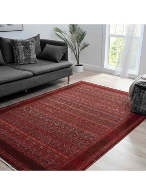 Pera Halı Bordo Kırmızı Etnik Şerit Desenli Modern Halı - NK0259BA