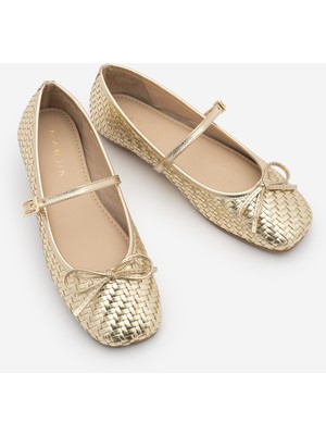 Marjin Kadın Küt Burun Fiyonk Detaylı Bantlı Örgü Desen Mary Jane Günlük Babet Teyra Altın