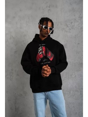 Modenya Erkek Eldiven Baskılı Kapüşonlu Sweat - Siyah