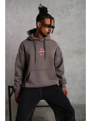 Modenya Erkek Maske Baskılı Kapüşonlu Sweat - Gri
