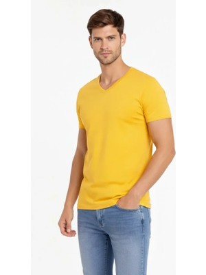 Modenya Erkek T-Shirt V Yaka Slim Fit Dar Kesim Likralı Tişört Günlük Basic Body - Limon