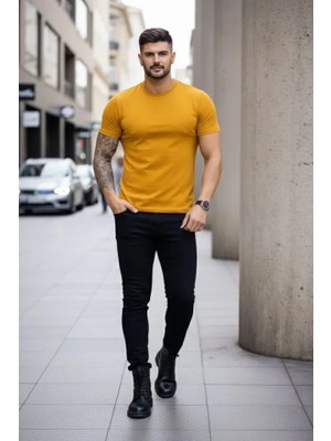 Modenya Erkek T-Shirt Bisiklet Yaka Slim Fit Dar Kesim Likralı Tişört Günlük Basic Body - Limon