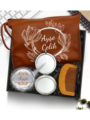 As Gift Kişiye Özel Kahverengi Makyaj Çantası & Ayna & Tarak Hediye Seti