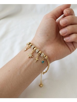 Stainless Steel Çelik Mavi Kalp ve Yıldız Charm Bileklik