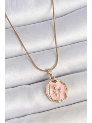 Solenya 316L Çelik Gold Renk Zincir Pembe Mineli Çiçek Işlemeli Portre Model Kadın Kolye