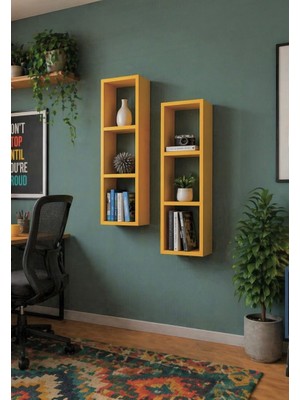 Dekormer Design Kitaplık Ikili Takım Çapraz Duvar Rafı Mobilyası Sarı