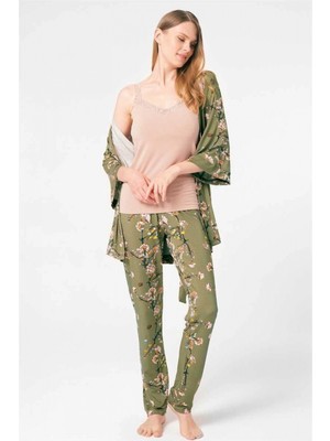 Pileli Store Pilelistore Ip Askılı V Yaka Viskon Çiçek Desenli Kışlık Örme Normal Bel Bağlamalı Dantel Detaylı Pijama Takımı Sabahlık