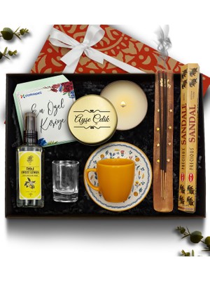 As Gift Turuncu Fincan & Mum & Çubuk Tütsü & Rebul Kolonya & Kahve Yanı Cam Su Bardağı Hediye Seti