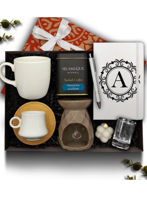 As Gift Kişiye Özel Beyaz Defter & Kupa & Fincan & Selamlique Kahve & Buhurdanlık & Bubble Mum & Kalem & Kahve Yanı Cam Su Bardağı Hediye Seti