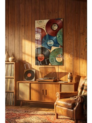 Macrodec Vintage Vinyl Hits Sanatsal Cam Tablo - 4mm Temperli Kırılmaz Cam Duvar Dekoru