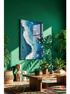Macrodec Okyanus Dalgaları ve Martılar Cam Tablo - 4mm Temperli Kırılmaz Cam Duvar Dekoru