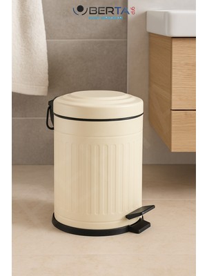 PremiumPort Vintage Tarz 5l Krem Çöp Kovası, Amortörlü Kapak, Çizgili Şık Tasarım