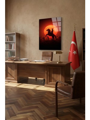 Macrodec Bağımsızlık Güneşi Atatürk Silüeti Cam Tablo - 4mm Temperli Kırılmaz Cam Duvar Dekoru