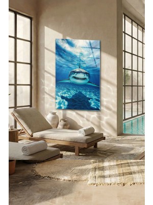 Macrodec Büyük Beyaz Köpekbalığı Cam Tablo - 4mm Temperli Kırılmaz Cam Duvar Dekoru