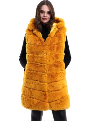 Modenya Kapşonlu Peluş Kürk Yelek Premium Kalite, Tam Astarlı, Uzun Model - Sarı