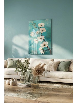 Macrodec Bahar Esintisi Beyaz Çiçekli Cam Tablo - 4mm Temperli Kırılmaz Cam Duvar Dekoru