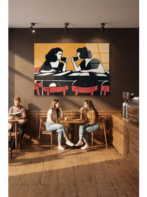 Macrodec "kahve Sohbeti" Retro Stil Modern Cam Tablo - 4mm Temperli Kırılmaz Cam Duvar Dekoru