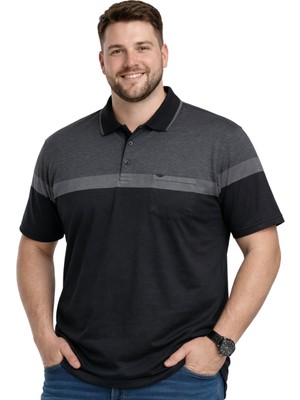 Battal Moda Battalmoda Erkek Büyük Beden Melanj Siyah Polo Yaka Kısa Kollu Band Tişört 3xl-4xl-5xl-6xl