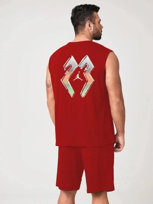 Modenya Erkek Sırt Baskılı Sıfır Kol Ikili Şort Takım - Kırmızı