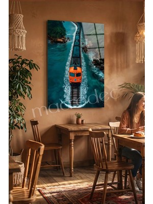 Macrodec Coastal Express Sahil Hattı Turuncu Tren Cam Tablo - 4mm Temperli Kırılmaz Cam Duvar Dekoru
