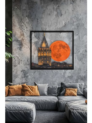 Macrodec Golden Galata Gecenin En Parlak Anı Metal Tablo - Kızıl Ay Temalı Modern Şehir Dekoru