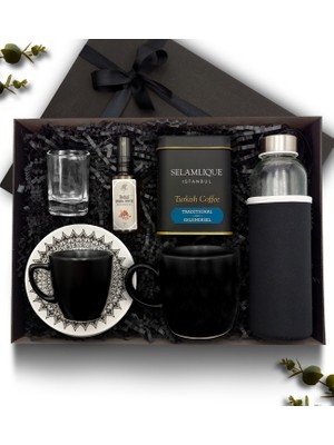 As Gift Siyah Kupa & Siyah Fincan & Selamlique Kahve & Cam Suluk & Kolonya &kahve Yanı Cam Su Bardağı Hediye Seti