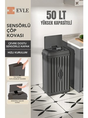 PremiumPort Katlanabilir 50L Sensörlü Plastik Çöp Kutusu, Pratik ve Şık Tasarım