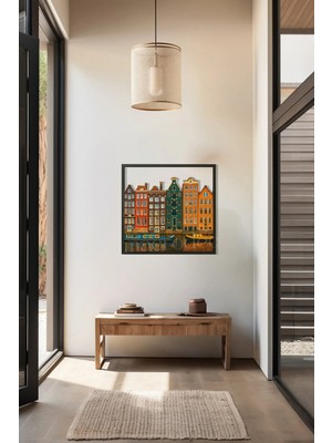 Macrodec Amsterdam Evleri Metal Duvar Tablosu – Renkli Şehir Manzaralı Dekor